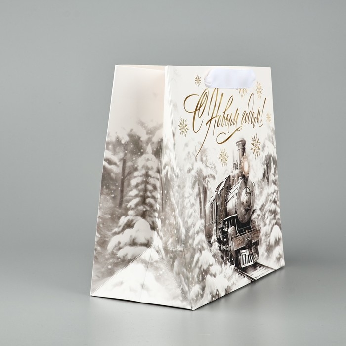 Пакет подарочный новогодний ламинированный квадратный &laquo;Новогодний поезд&raquo;, 22 х 22 х 11 см , Новый год