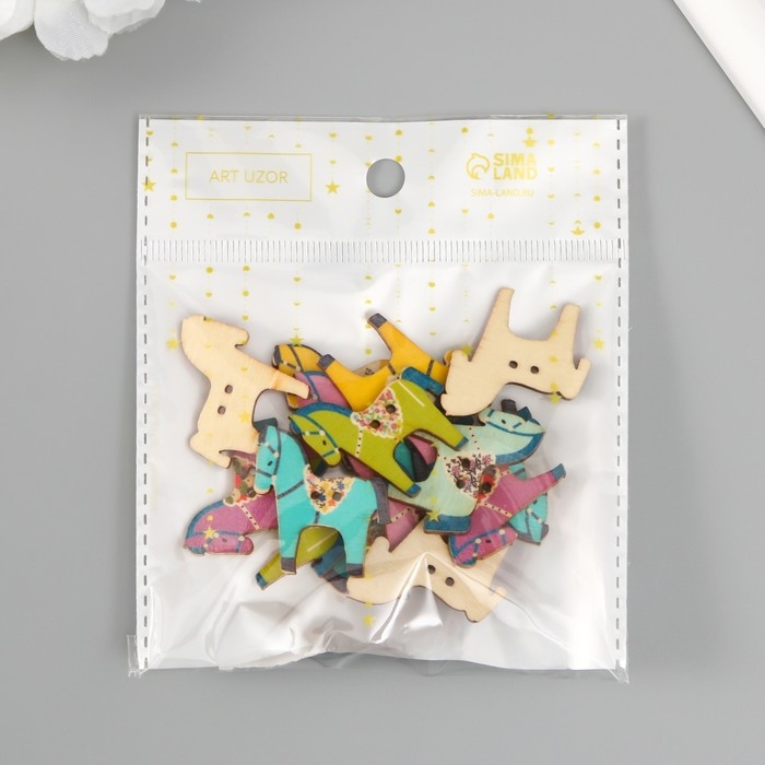 Пуговица дерево для творчества 2 прокола "Яркая лошадка" набор 16 шт МИКС 3,1х2,7х0,2 см