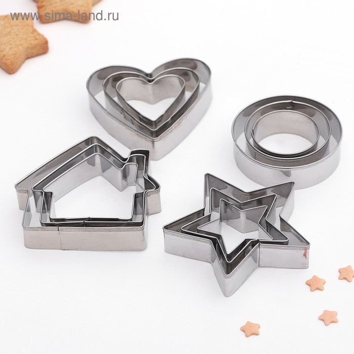 Набор форм для печенья Доляна «Домик. Круг. Cердце. Звезда», 12 шт, цвет серебристый Набор форм для печенья Доляна «Домик. Круг. Cердце. Звезда», 12 шт, цвет серебристый