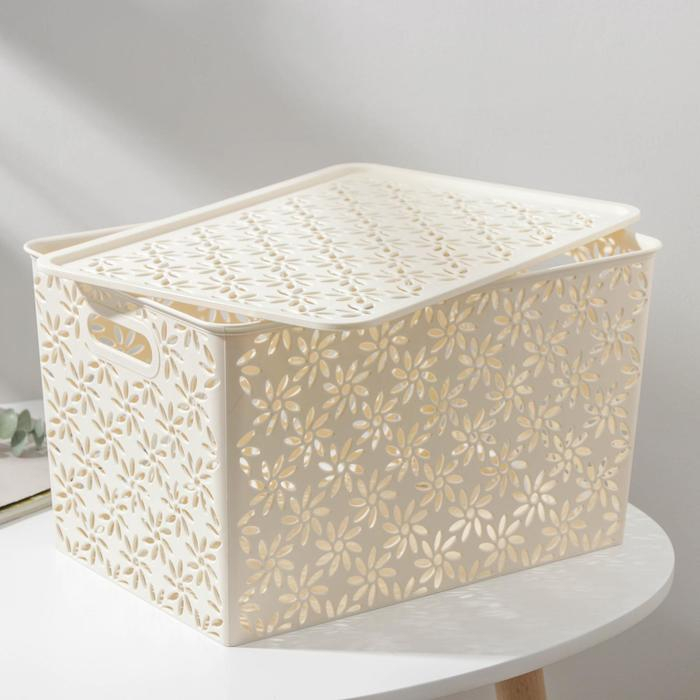Корзина для хранения с крышкой &laquo;Ромашки&raquo;, 14 л, 35,5&times;24,5&times;20,5 см, цвет слоновая кость