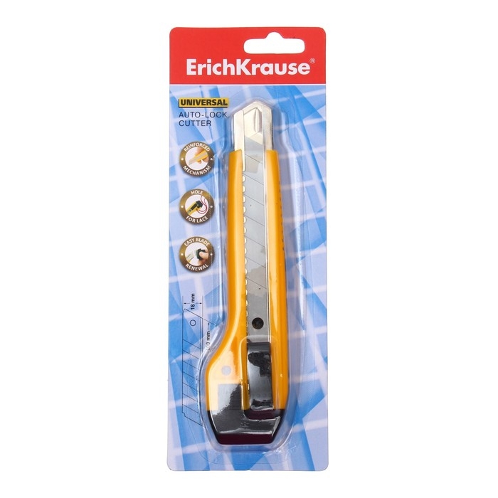 Нож канцелярский 18 мм, Erich Krause Universal, с автоматической системой фиксации лезвия auto-lock и насадкой для безопасного отделения сегмента лезвия, металлические направляющие, 2 лезвия в наборе, блистер