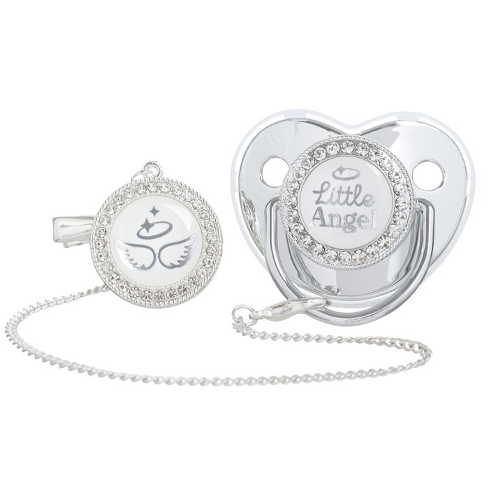 Соска - пустышка силиконовая ортодонтическая «LITTLE ANGEL», от 6 мес., с колпачком + держатель - цепочка, цвет серебренный, стразы Соска - пустышка силиконовая ортодонтическая «LITTLE ANGEL», от 6 мес., с колпачком + держатель - цепочка, цвет серебренный, стразы