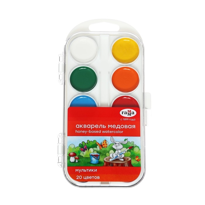 Акварель 20 цветов, &laquo;Гамма&raquo; &laquo;Мультики&raquo;, без кисти, в пластиковой коробке