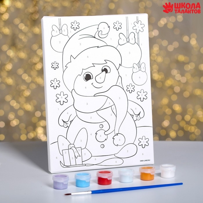 Картина по номерам на холсте с подрамником на новый год &laquo;Снеговичок с подарком&raquo;, 15 х 21 см