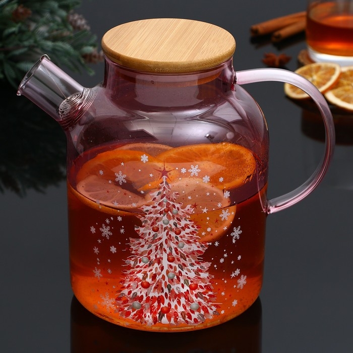 Новый год. Чайник заварочный стеклянный с бамбуковой крышкой &laquo;Розовая сказка&raquo;, 1700 мл