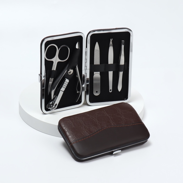 Набор маникюрный «Рептилия», 6 предметов, в футляре, цвет коричневый/чёрный Набор маникюрный «Рептилия», 6 предметов, в футляре, цвет коричневый/чёрный