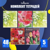 Комплект тетрадей из 5 штук (4 разные + 1 повторяющаяся), 48 листов в клетку Calligrata "Цветы", обложка мелованная бумага, блок №2, белизна 75% (серые листы) Комплект тетрадей из 5 штук (4 разные + 1 повторяющаяся), 48 листов в клетку Calligrata "Цветы", обложка мелованная бумага, блок №2, белизна 75% (серые листы)