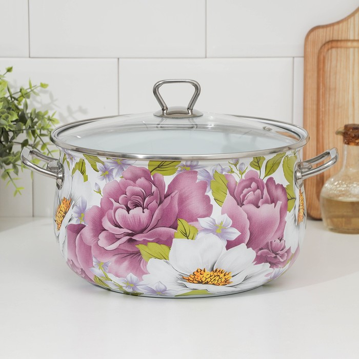 Кастрюля эмалированная «Пион», 5.7 л, стеклянная крышка, индукция Кастрюля эмалированная «Пион», 5.7 л, стеклянная крышка, индукция