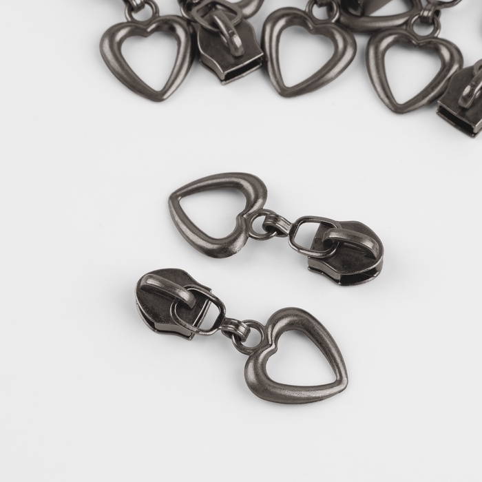 Бегунок галантерейный для молнии &laquo;Спираль&raquo;, №5, декоративный &laquo;Сердце&raquo;, 10 шт, цвет чёрный никель