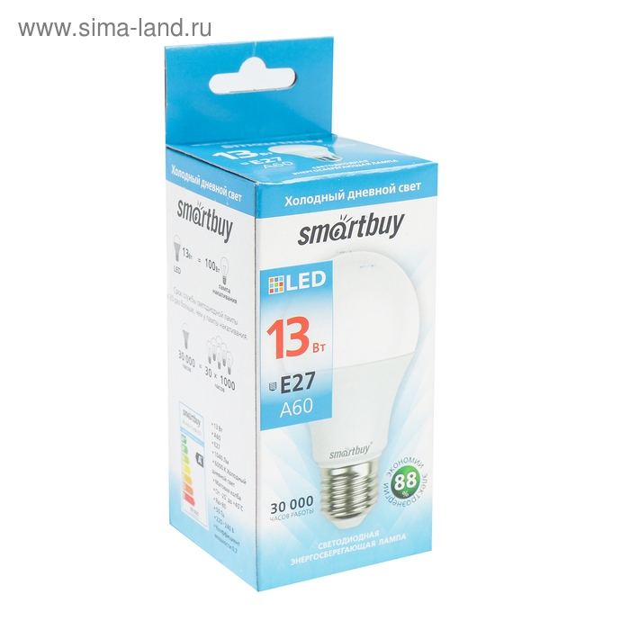 Лампа cветодиодная Smartbuy, E27, A60, 13 Вт, 6000 К, холодный белый свет