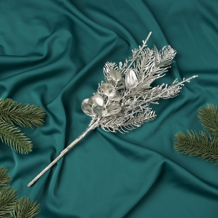 Декор Декор "Новогодняя грация" веточка листочки, 37х14 см, серебро