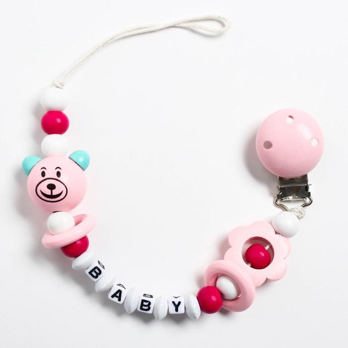 Держатель для соски - пустышки &laquo;Мишка&raquo;, деревянный, цвет розовый