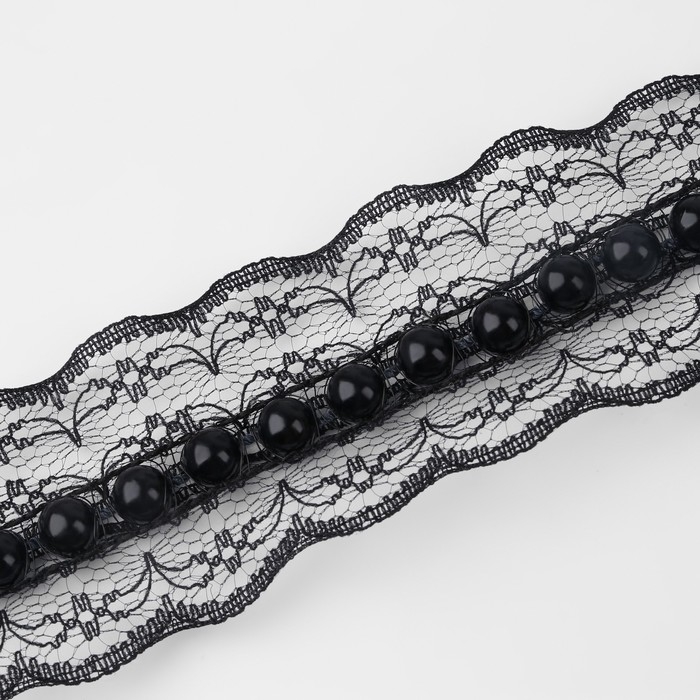 Рюш кружевной, с бусинами, 40 мм, 4,5 &plusmn; 0,5 м, цвет чёрный