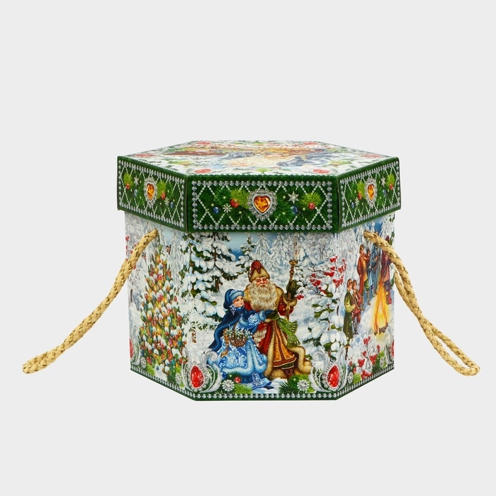 Новый год. Подарочная коробка новогодняя Шестигранник малый Новый год. Подарочная коробка новогодняя Шестигранник малый "Двенадцать месяцев" с веревочными ручками, 210x210x185 мм.