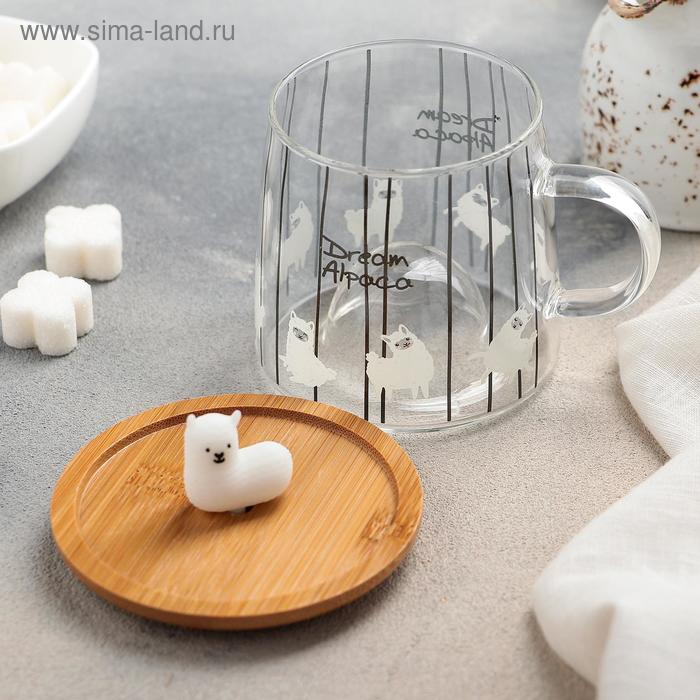 Кружка стеклянная с деревянной крышкой &laquo;Лама&raquo;, 300 мл, рисунок МИКС