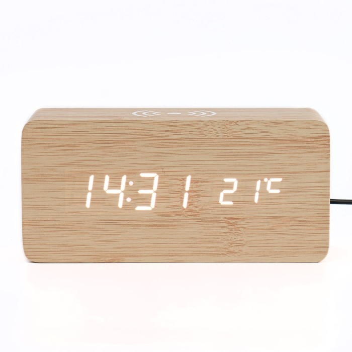 Часы - будильник электронные "Цифра-ТЗ" настольные с термометром и беспроводной QI зарядкой