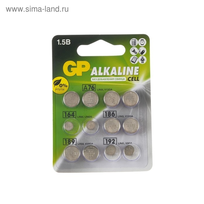 Батарейки алкалин GP, LR44(A76)-4шт,LR60(164)-2шт,LR43(186)-2шт,LR54(189)-2шт,LR41(192)-2шт