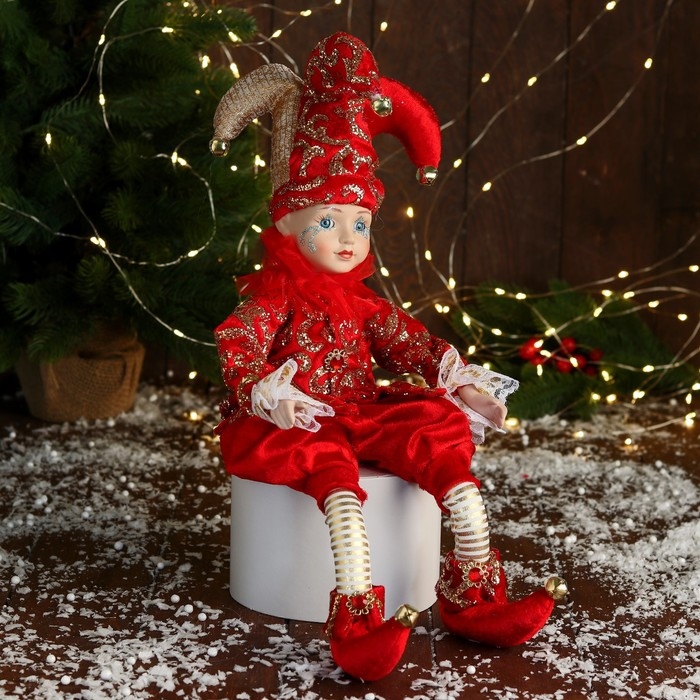 Новогодний шут "В нарядном костюмчике" музыка шевелит головой, 46 см, красный