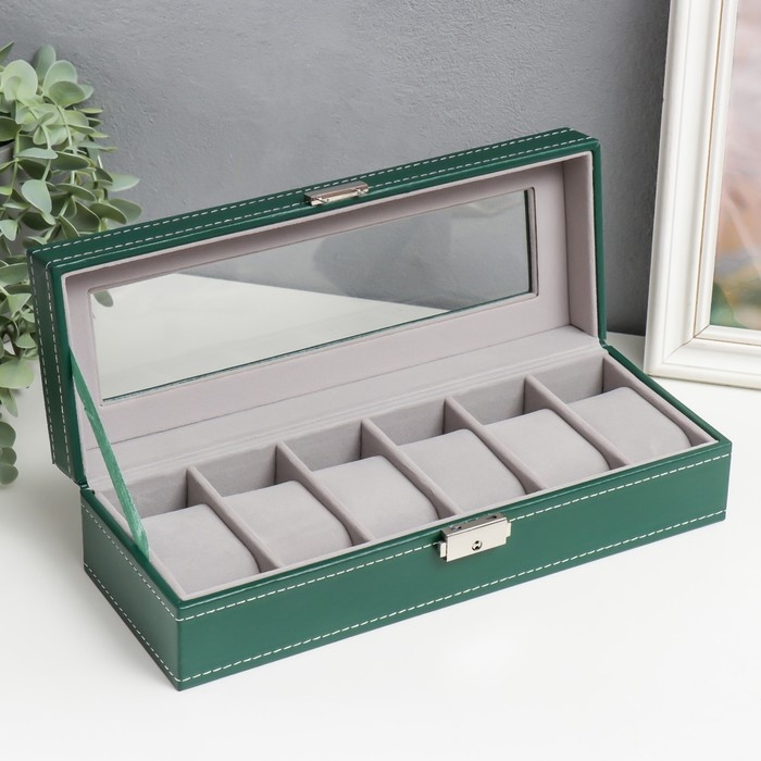 Шкатулка кожзам под часы 6 отделений Шкатулка кожзам под часы 6 отделений "Зелёная с белой строчкой" 8х30х11 см