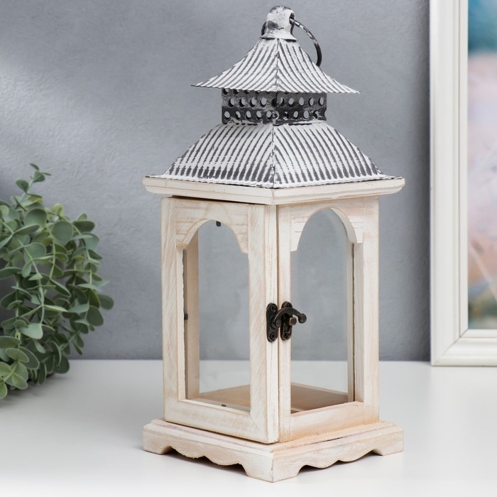 Подсвечник дерево Подсвечник дерево "Фонарь с полосатой крышей" состаренный набор 2 шт 31х14х14 52х20х20 см