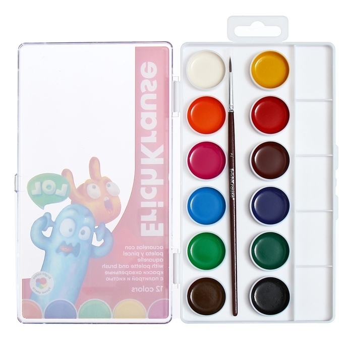 Акварель 12 цветов, ErichKrause Jolly Friends, с палитрой и кистью, твёрдый пластик, европодвес