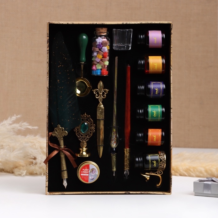 Набор подарочный 14в1 "Зачарованный": 3 перьевые ручки, чернила 6 цветов, печать, воск, нож