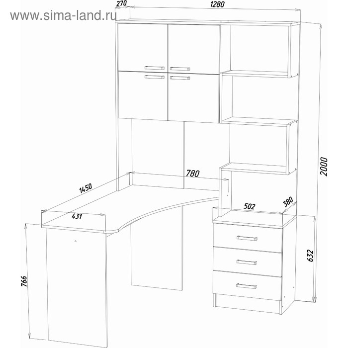 Стол компьютерный №1 Левый, 1280х2000х1450, Ясень шимо темный/Светлый