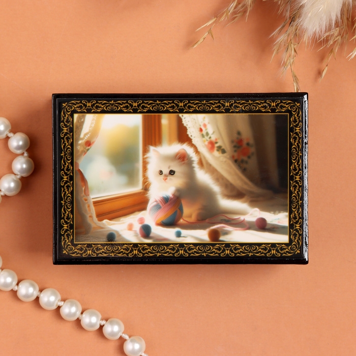 Шкатулка &laquo;Котенок&raquo;, черная, 6&times;9 см, лаковая миниатюра