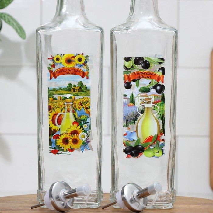 Набор бутылок с металлическим дозатором для масла и соусов, стеклянный, 500 мл, 2 шт, на деревянной подставке