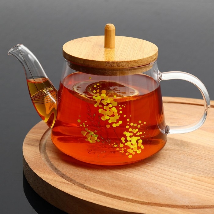 Чайник стеклянный заварочный с бамбуковой крышкой &laquo;Нежная мимоза&raquo;, 600 мл