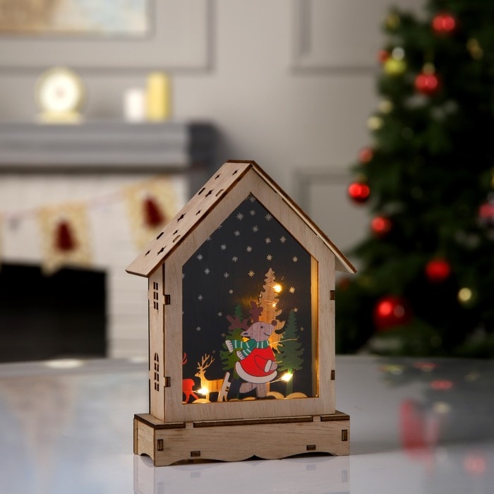 Светодиодная фигура &laquo;Домик с оленем&raquo; 16 &times; 11 &times; 4.5 см, дерево, батарейки АААх2 (не в комплекте), свечение тёплое белое