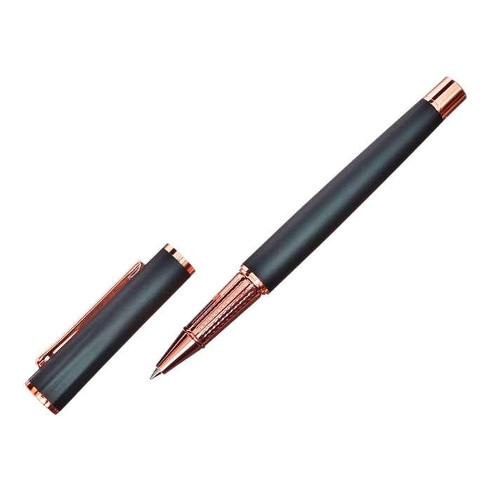 Ручка подарочная роллер в кожзам футляре Софтач корпус зеленый/медь Ручка подарочная роллер в кожзам футляре Софтач корпус зеленый/медь