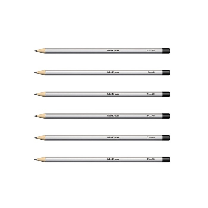 Набор карандашей чернографитных различной твердости 6 штук, ErichKrause, грифель d=2.2 мм, шестигранные, ударопрочные, серебро, в коробке