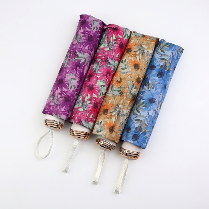 Зонт механический &laquo;Ромашки&raquo;, эпонж, 4 сложения, 8 спиц, R = 48/55 см, D = 110 см, цвет МИКС