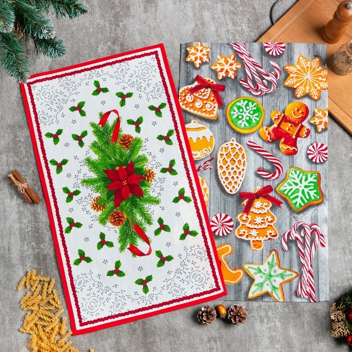 Набор кухонных полотенец Доляна &laquo;Новогоднее печенье &raquo; 35х60см-2шт, 100% хлопок