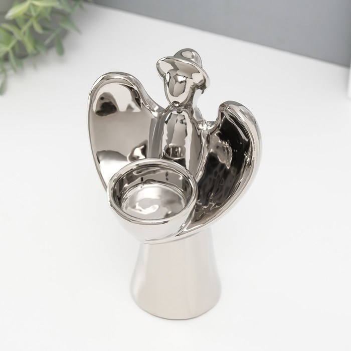 Подсвечник керамика на 1 свечу "Ангел с нимбом" d=4 см серебро 11,5х10х18,5 см