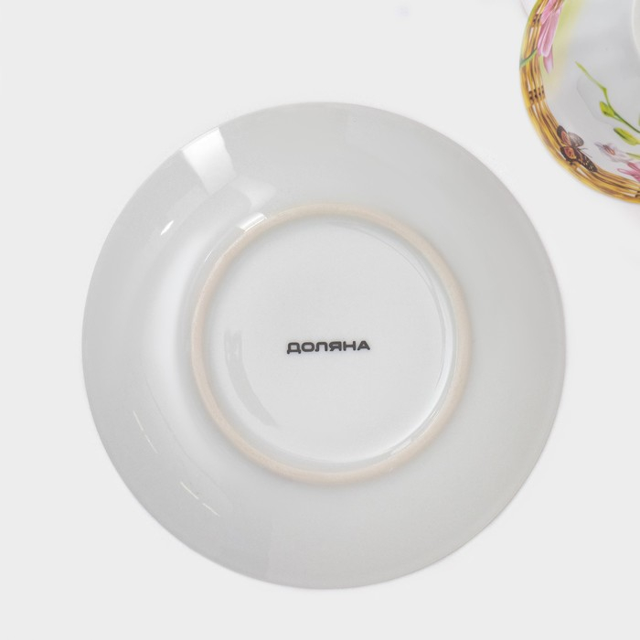 Набор чайный керамический на металлической подставке Доляна &laquo;Садовый дворик&raquo;, 13 предметов: 6 чашек 200 мл, 6 блюдец d=14,1 см, чайник 1 л ㅤ