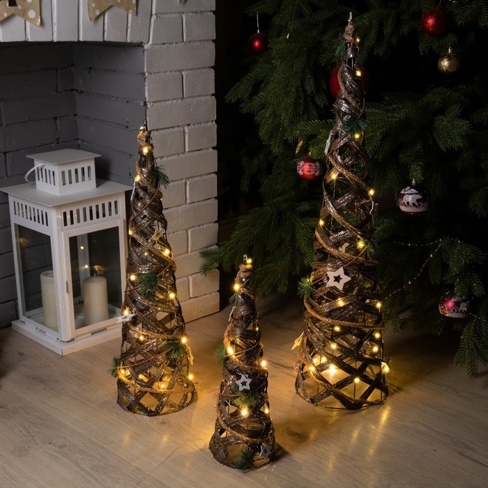 Светодиодная фигура &laquo;Конусы плетёные&raquo; 40, 60, 80 см, текстиль, металл, батарейки ААх2 (не в комплекте), свечение тёплое белое