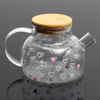 Чайник стеклянный заварочный с бамбуковой крышкой «Сердечки», 600 мл Чайник стеклянный заварочный с бамбуковой крышкой «Сердечки», 600 мл