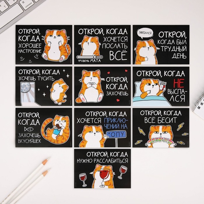 Конверты с наклейками, набор &laquo;Открой, когда...&raquo;, (Кот чб), 10шт., 16 х 11,5 см.