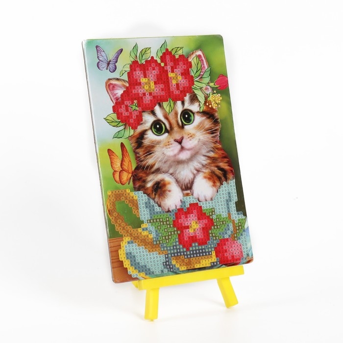 Алмазная мозаика с частичным заполнением на подставке &laquo;Котик&raquo;, 13 х 19 см, картон