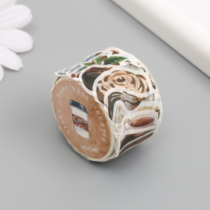 Наклейка бумага "Кофейные сладости и напитки" 1,2 - 2,5 см 100 шт в рулоне 11х8 см