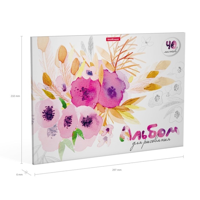 Альбом для рисования А4, 40 листов, блок 120 г/м&sup2;, на клею, Erich Krause "Нежный букет", 100% белизна, твердая подложка