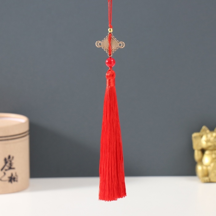 Подвеска текстиль, металл Подвеска текстиль, металл "Узел счастья и бесконечности с иероглифом" красная 1х1,2х19,3 см 105374