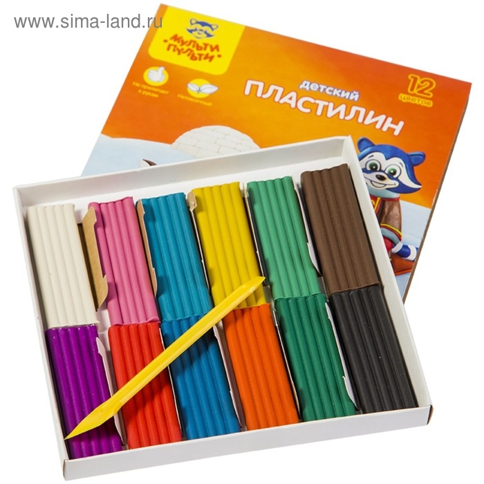 Пластилин 12 цветов 180 г, Мульти-пульти Пластилин 12 цветов 180 г, Мульти-пульти "Енот на Аляске", со стеком, картонная упаковка