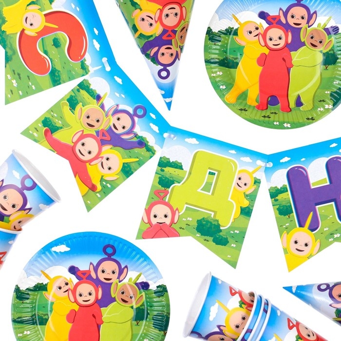 Набор одноразовой бумажной посуды, на 6 персон "С Днем Рождения", Телепузики