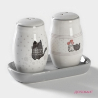 Набор для специй Доляна &laquo;Уютные коты&raquo;, 3 предмета: солонка 80 мл, перечница 80 мл, подставка