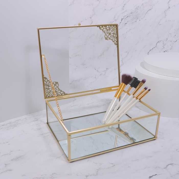 Органайзер для хранения &laquo;GREAT&raquo;, с крышкой, стеклянный, с зеркальным дном, 1 секция, 20 &times; 16 &times; 6,5 см, цвет прозрачный/медный