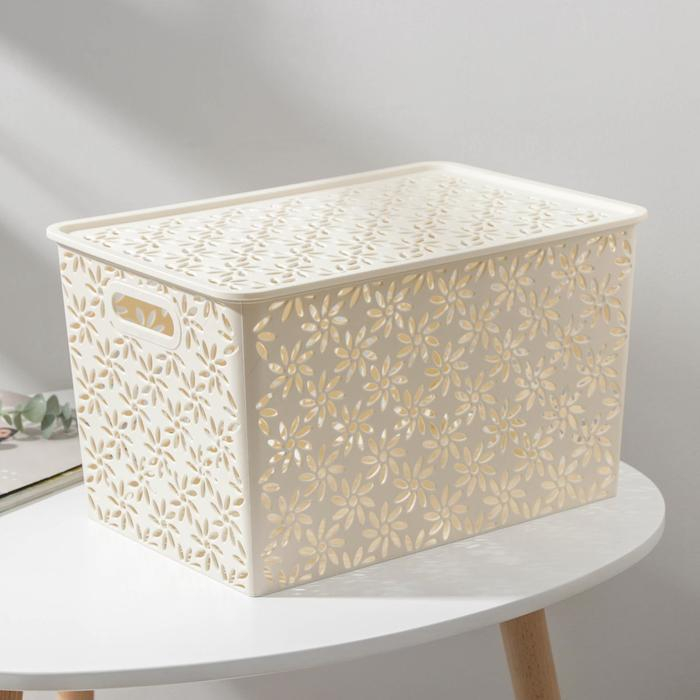 Корзина для хранения с крышкой &laquo;Ромашки&raquo;, 14 л, 35,5&times;24,5&times;20,5 см, цвет слоновая кость
