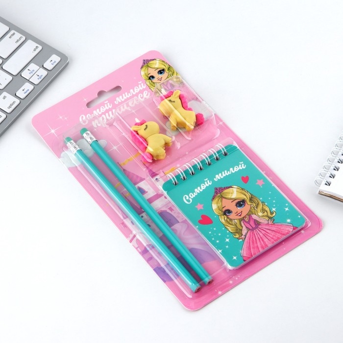 Подарочный набор &laquo;Самой милой принцессе&raquo;, карандаши 2 шт, ластики 2 шт, блокнот